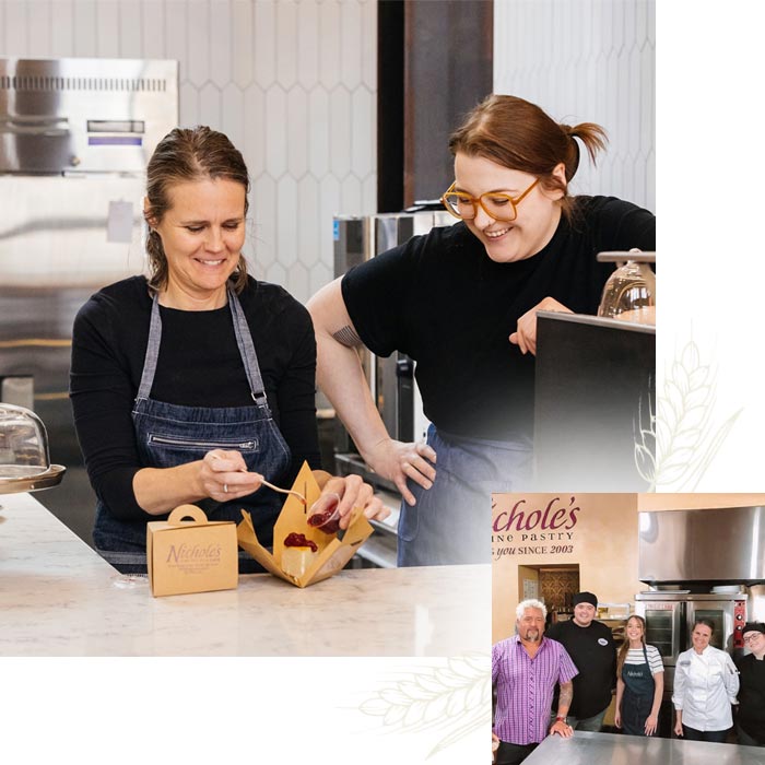 Two women at Nichole's Fine Pasty prep pastries; inset: group poses in event space kitchen.